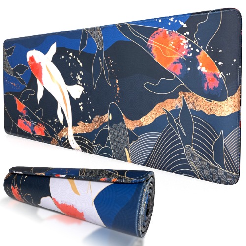 Japanese Gaming Mouse Pad XL - Computer/Laptop Deskpad (31.5 x 11.8 Inches, 4MM Thick) Waterproof/Nonslip Base/Stitched Edges | Office/Gaming XL Mousepad XL Desk Pad, Full Desk Mousepad - Koi Fish Art - 