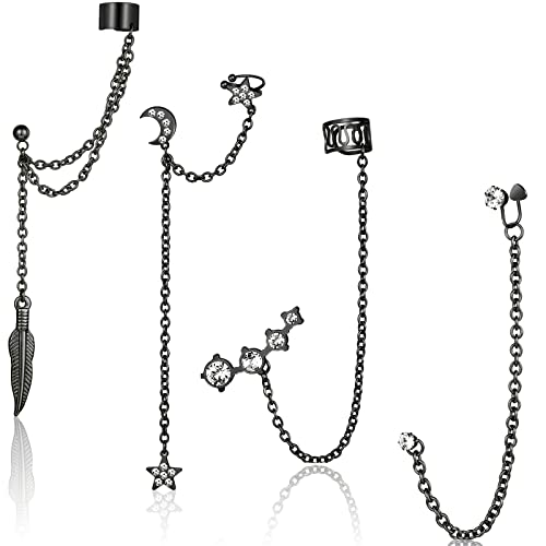 4 Pieces Cuff Earrings Chain Asymmetric Moon Star Tassel Ear Cuff Crawler Long Chain Climbers Drop Dangle Earrings for Women Holiday Decor - Silver