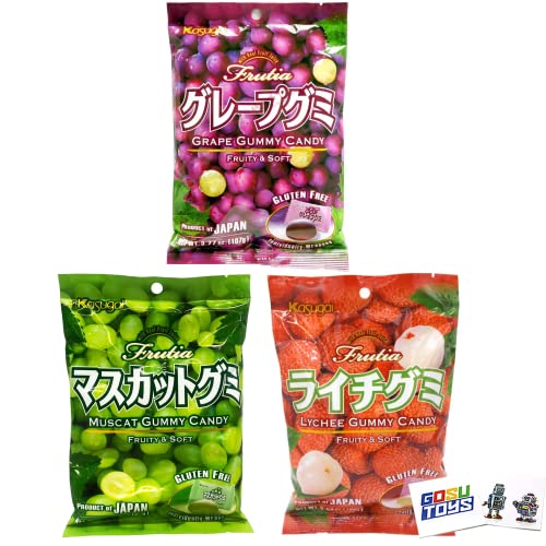 Kasugai Japanese Gummy Candy with Real Fruit Juice (3 Pack) (Peach, Strawberry, Watermelon) - Grape, Muscat, Lychee