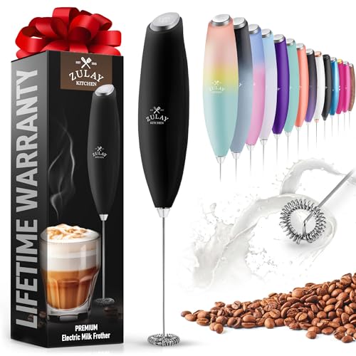 Zulay Kitchen Milk Frother Wand Drink Mixer - Durable Handheld Milk Frother Electric Whisk - Easy-Clean Milk Frother Wand & Mini Blender - Electric Coffee Frother for Frappe, Matcha - Jet Black - Matte Black