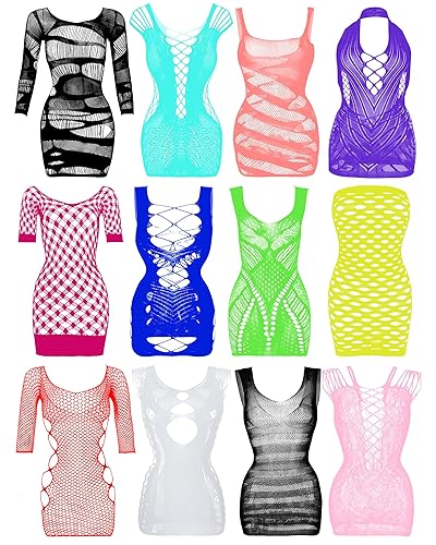 12 Pieces Women's Fishnet Lingerie Mesh Babydoll Bodysuit Lace Smock Lingerie for Women (Vivid Color)