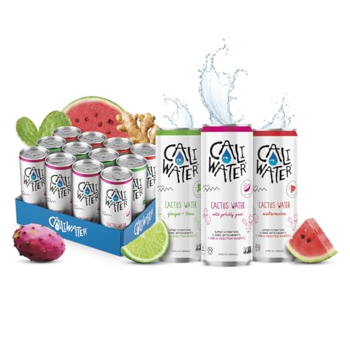 Caliwater - Organic Cactus Water - Variety Pack - Ginger Lime, Prickly Pear, Watermelon - Coconut Water Alternative - Plant Based Hydration - Skin Care, Electrolyte Drinks - Flavored Water - 12 Cans - Variety (Prickly Pear + Ginger Lime + Watermelon) - 12 Fl Oz (Pack of 12)