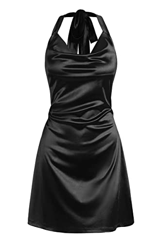 ZAFUL Women Halterneck Satin Mini Dress Sexy Cowl Neck Silky Party Cocktail Club Dress - Small - 0-black