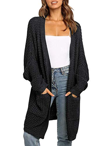 MEROKEETY Women's Oversized Long Batwing Sleeve Cardigan Waffle Knit Sweater Coat - Medium - Black