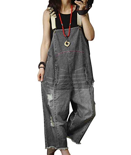 YESNO P60 Women Jeans Cropped Pants Overalls Jumpsuits Hand Painted Poled Distressed Casual Loose Fit - Small - Greyblack
