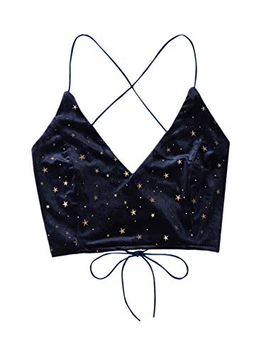 Verdusa Women's Velvet Galaxy Print Crisscross Back Spaghetti Strap Crop Cami Top - Small - Navy