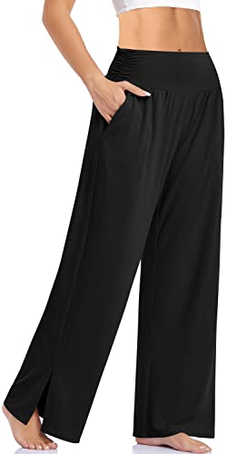 UEU Womens Wide Leg Yoga Pants High Waisted Adjustable Tie Knot Joggers Casual Loose Plus Size Lounge Sweatpants with Pockets - Black - Small
