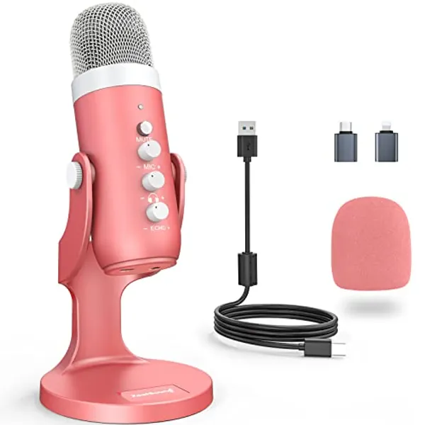 ZealSound Gaming USB Pink Microphone with Quick Mute for Phone Computer PC PS5,Studio Mic with Gain Control,Echo&Monitor Volume Adjust for Streaming Vocal Recording ASMR Podcast Video K66