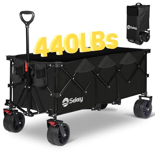 Sekey 48''L Collapsible Foldable Extended Wagon with 440lbs Weight Capacity, Heavy Duty 300L Folding Utility Garden Cart with Big All-Terrain Beach Wheels & Drink Holders. Black - Black