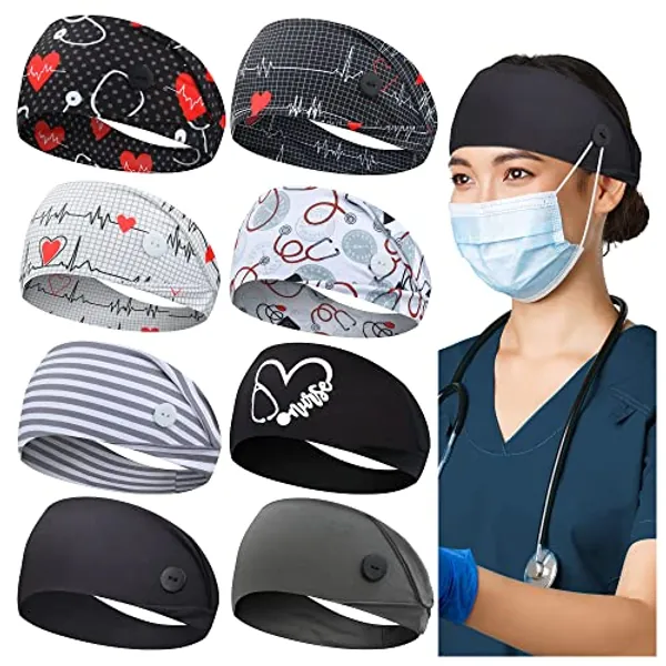 ABAMERICA Headbands with Button for Mask, Wide Nurses Headbands Non Slip Elastic Ear Protection for Women Men Doctors Sweatband Head Wrap