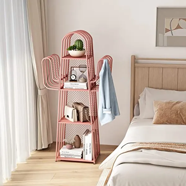 DOORXIF 4-Tier Ladder Pink Bookshelves Freestanding, Cactus Bookcase Storage Organizer Closet Corner Metal Display Cabinet, Corner Pink Bookshelf for Small Spaces, Pink Bookcase for Bedroom Office