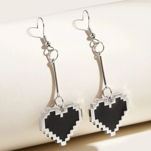 Black Mosaic Pixel Punk Kawaii Heart Shape Earrings - ED803-Heart