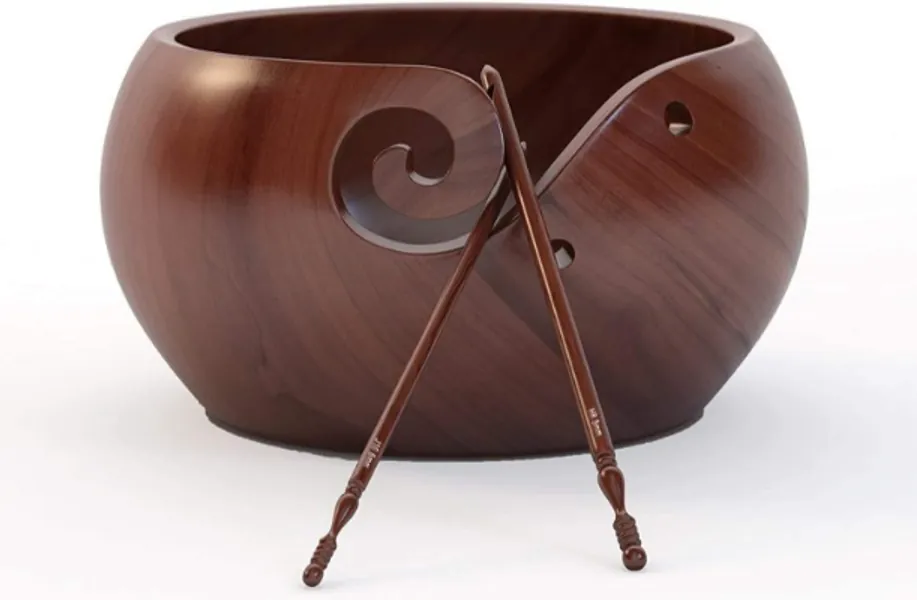 Ravel Large Wooden Yarn Bowl Set For Knitting Crochet With Two Different Size Hooks (1 x H-8 5mm, 1 x J-10 6mm), 7x4 inches Handcrafted Rosewood Yarn Holder and Velvet Bag - Great Mother's Day Gift