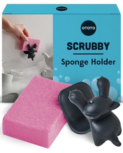 OTOTO Scrubby Sponge Holder for Kitchen Sink - Gray Cat Kitchen Sponge Holder - Dishwasher Safe Dish Sponge Organizer- Rust-free - 3.9x3.1x3.9 inches - Grey