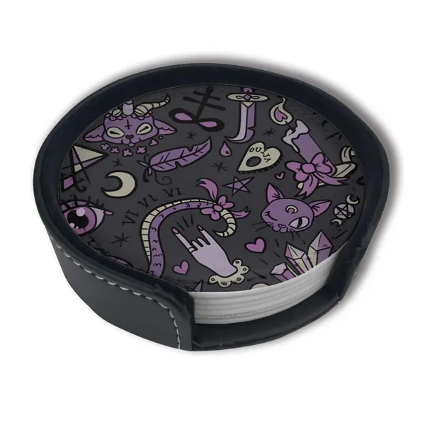 Cute Gray Purple Black Magic Goth Spooky Drinks Coasters With Holder, Suitable For Kinds Of Cups, Set Of 6
