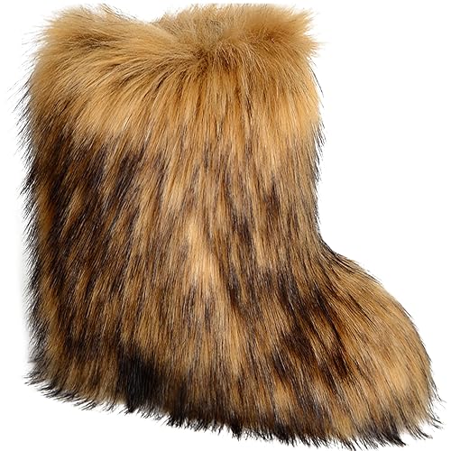 Valpeak Snow Boots for Women 2024 Furry Boots Winter Knee High Flat Heel Fluffy Faux Fur Boots - Natural - 8 Wide