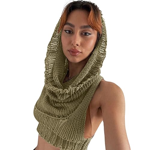 Caviotess Women Knitted Hoodie Sweater Vest Sexy Sleeveless Hollow Out Hooded Crop Top Streetwear Rave Oufit - Small - Olive Green