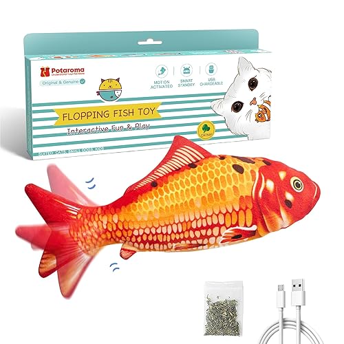 Potaroma Floppy Fish Cat Toy, Interactive Flopping Moving Koi, Catnip & Silvervine Enrichment, Indoor Kitten Kicker Exercise for All Breeds, 10.5 Inches - Red Koi