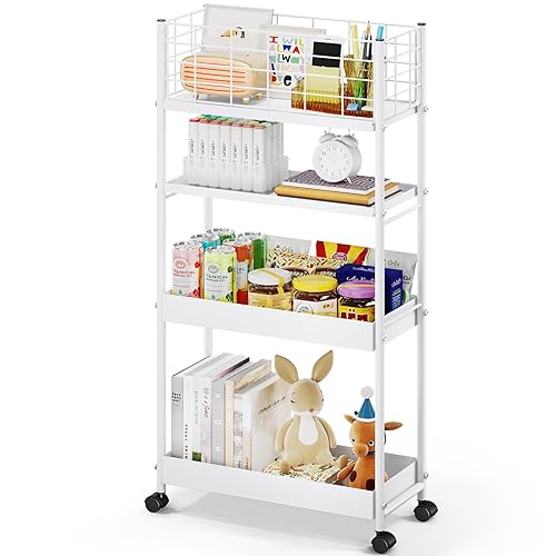 KINGRACK Slim Storage Cart, 4-Tier Metal Utility Rolling Cart with Wheels, Narrow Shelving Unit, Skinny Storage Rolling Organizer, Storage Trolley Cart for Office Kitchen Bathroom Narrow Place, White - White - 4-Tier