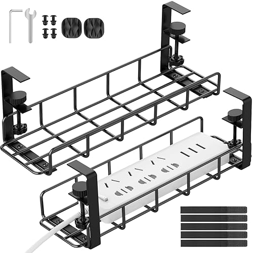 Under Desk Cable Management Tray, 31.5'' No Drill Steel Desk Cable Organizers, Wire Management Tray Cable Management Rack, Desk Cable Tray with Wire Organizer and Desk Cord Organizer - 2 Pack