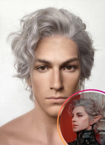 Baldur's Gate 3 Astarion Grey Curly Lace Front Synthetic Men's Wig LF6033 | Standard 22"-23"