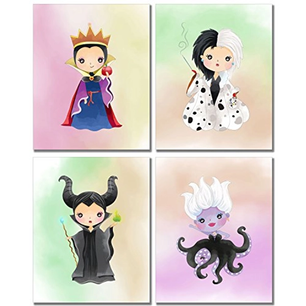 Disney Evil Queens Art Prints - Girl's Room Wall Decor Photos - Set of 4 (8 inches x 10 inches) Maleficent Ursula Cruella
