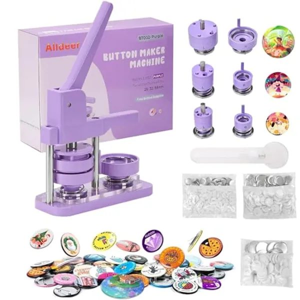 Alldeer Button Maker Machine 1+1.25+2.25 inch, ButtonMachine Multiple Sizes with 300 Sets Button Maker Supplies, Badge Button Press Machine with Cutter, 25+32+58MM Button Pin Maker Machine Kit