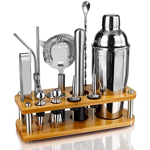 Mixology Bartender kit,16-Piece Silver Bartender Kit with Stand, 25oz Bar Set Cocktail Shaker Set, Professional Stainless Steel Bartending Kit for Home, Bar, Party - Silver