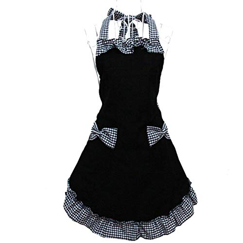 Hyzrz Cute Retro Lovely Vintage Ladies Kitchen Flirty Vintage Aprons for Women Girls with Pockets for Mothers Day Gift (Black) - Black