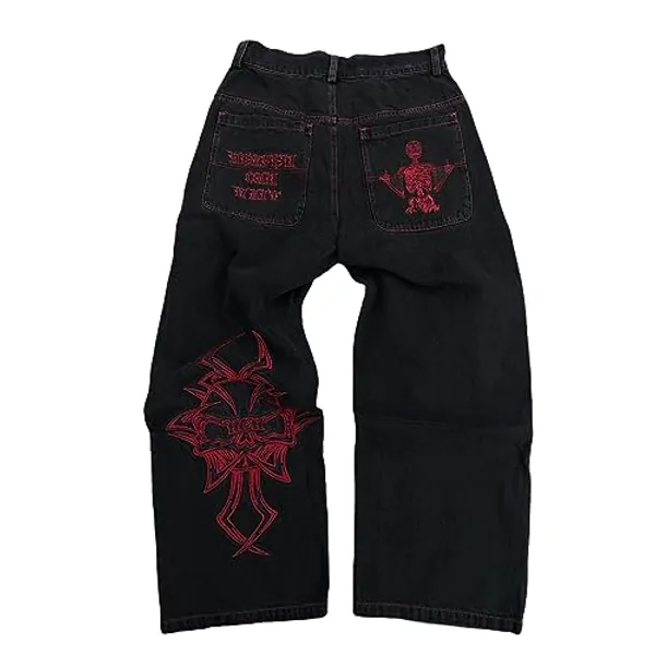 Y2K Jeans Men's Hip Hop Vintage Skull Embroidery Wash Denim Pants Gothic Straight Tube Loose Wide Leg Pants