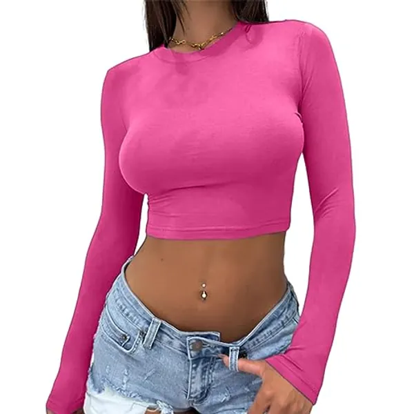 Abardsion Women's Sexy Long Sleeve Crop Top 2023 Crew Neck Basic Fitted Tight Cropped T Shirts