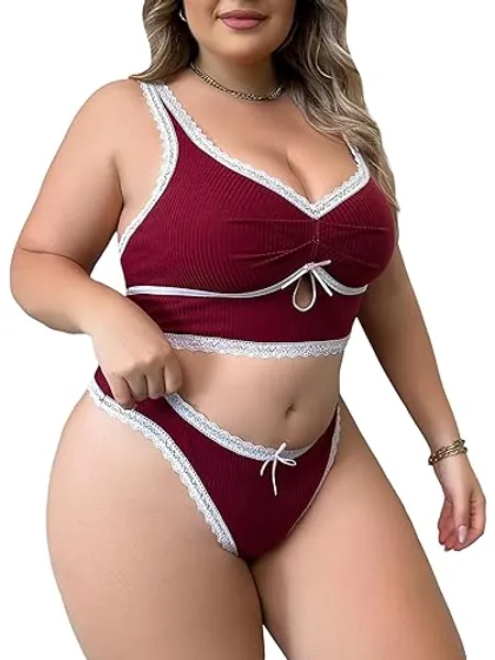 COZYEASE Women's Plus Size 2 Piece Lingerie Set Solid Comfort Lace Camisole and Panty Sets