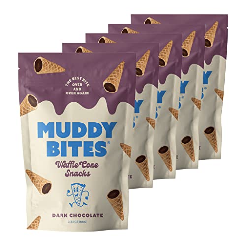 Muddy Bites Waffle Cone Snacks Bite Sized Chocolate Filled Waffle Cones for Snack or Dessert, Ice Cream Topping, Premium Chocolate made with Pure Cane Sugar, Non-GMO, Kosher (Dark Chocolate, 5 Bags) - Dark Chocolate - 2.33 Ounce (Pack of 5)