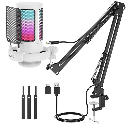 NJSJ USB Gaming Microphone for PC, Condenser Mic with Boom Arm for PS4/ PS5/ Mac/Phone with Touch Mute, RGB Lighting,Gain knob & Monitoring Jack for Streaming,Podcasting,YouTube - With boom arm stand - White