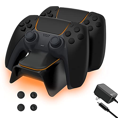 NexiGo Enhanced PS5 Controller Charger with Thumb Grip Kit, Fast Charging AC Adapter, DualSense Charging Station Dock for Dual Playstation 5 Controllers with LED Indicator, Black - Black