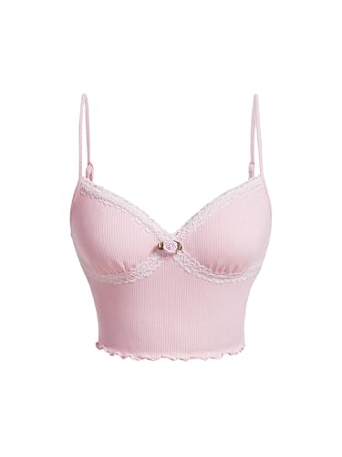 SHENHE Women's Lace Trim V Neck Rib Knit Spaghetti Strap Tank Cute Crop Top Camisole - Medium - Light Pink