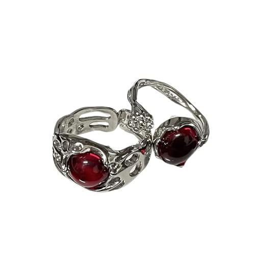 Y2K Rings Set Irregular Agate Opal Natural Stone Rings Moonstone Bud Flower Star Finger Rings Opening Adjustable Stacking Rings for Women Girls Birthday Gift - red