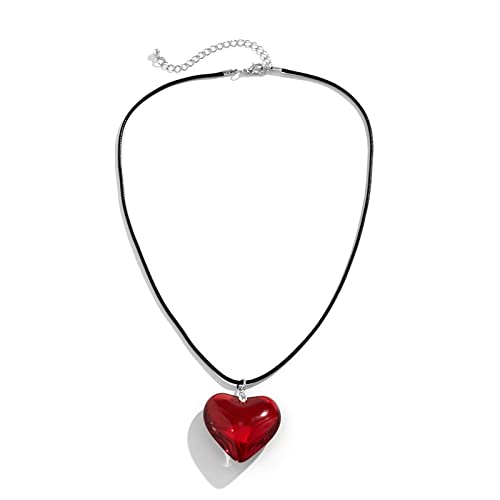 YURAOER Chunky Puffy Heart Choker Necklace - Big Heart Pendant Adjustable Velvet Chain Heart Necklaces for Women Teen Girls Y2K Trendy Jewelry Accessories - red glass