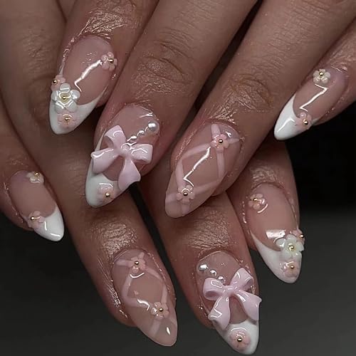 BABALAL Press on Nails Medium Almond Fake Nails White French Glue ons Nails 3D Flower Bow Charm Design Acrylic Nails 24Pcs Stiletto Manicure Coquette False Nails - AND17