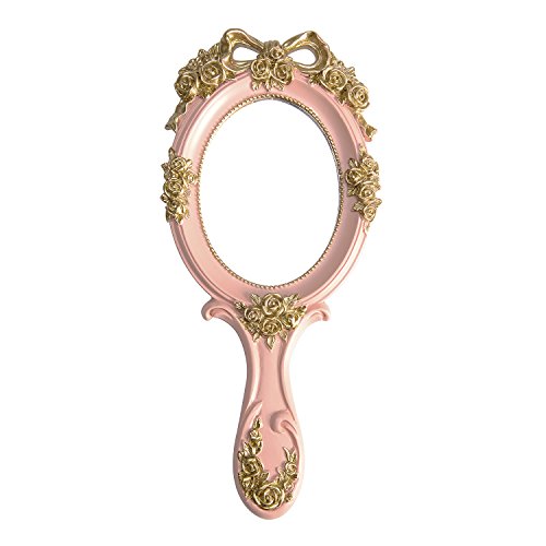 Nerien Handheld Mirror Vanity Makeup Mirror Travel Princess Metal Cosmetic Mirror Portable Oval Embossed Rose Mirrors Decorative Desk Girl Student Vintage Beautiful Handle Mirrors Pink-3 - Pink