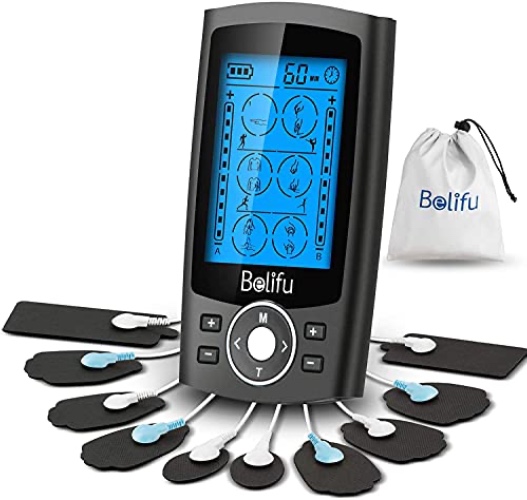 Belifu Dual Channel TENS EMS Unit 24 Modes Muscle Stimulator for Pain Relief Therapy, Electronic Pulse Massager Muscle Massager with 10 Pads, Dust-Proof Drawstring Storage Bag, Fastening Cable Ties - Black