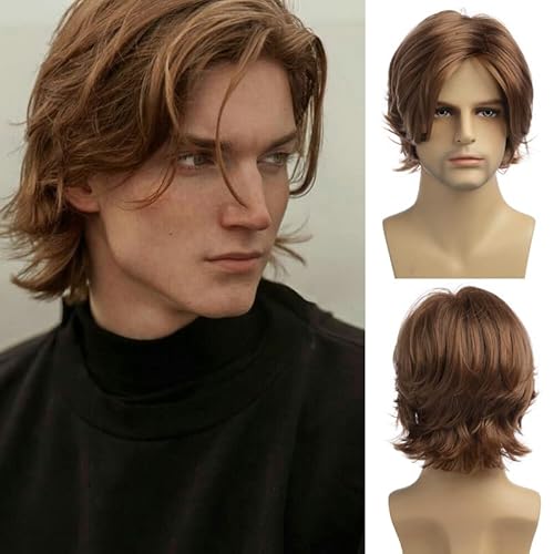 Baruisi Men Wig Short Brown Natural Layered Hair Wig Synthetic Halloween Cosplay Wigs for Male Guy - brown 1