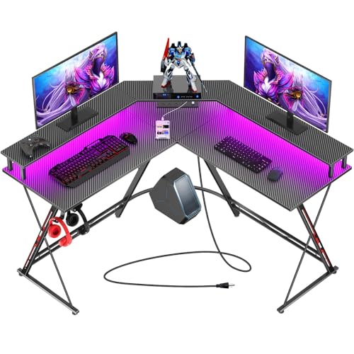 SEVEN WARRIOR L Shaped Gaming Desk with LED Lights & Power Outlets, 50.4” Computer Desk with Monitor Stand & Carbon Fiber Surface, Corner Desk with Cup Holder, Gaming Table with Hooks, Black - Black - 50.4 INCH