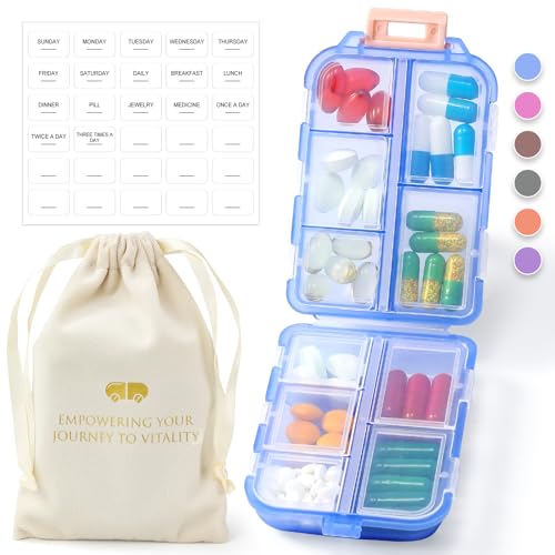 1 Pack Travel Pill Organizer w Labels & 1 Drawstring Pouch, Small 10 Compartments Pocket Pharmacy, Handy Pill Holder Box - Portable Daily Weekly Medicine Container Case - Blue - Blue