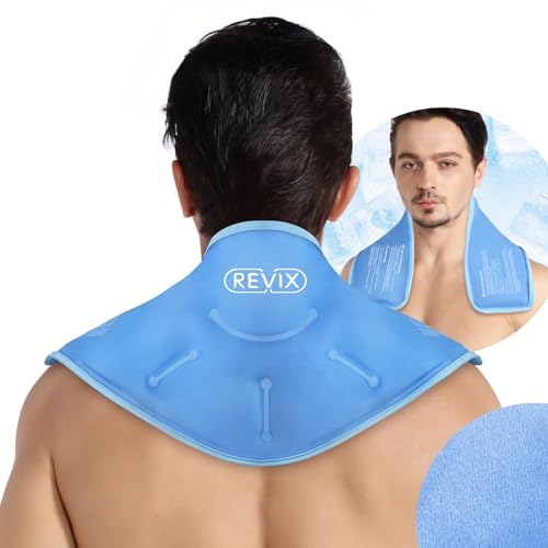 REVIX XL Neck Ice Pack for Injuries Reusable Neck Cooling Wraps for Pain Relief, Hot Cold Gel Packs Reusable for Chronic Pain, Sports Injury & Cervical Surgery, Soft Plush Lining Ice Neck Wrap - Blue-1 Pack XL
