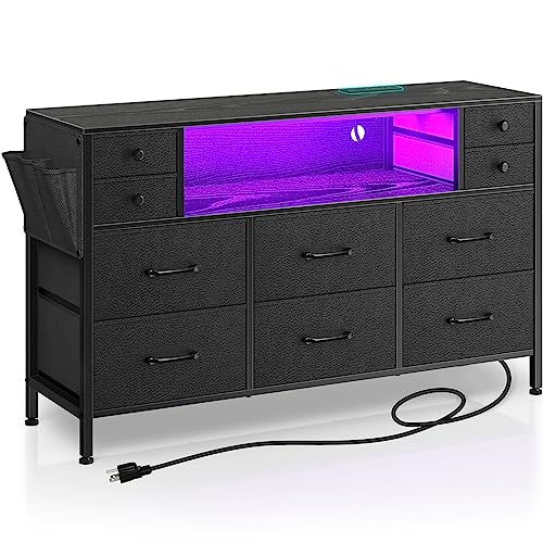 Rolanstar Dresser with Power Outlets and LED Lights, 10 Drawers Dresser with Side Pocket, Fabric Chest of Drawers with PU Finish, TV Stand with Sturdy Frame & Wood Top for up to 55inch TV, Black - L(47.2x11.8x28.3 Inches) - Black