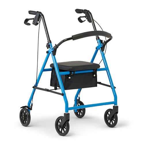 Medline Mobility Lightweight Folding Steel Rollator Walker with 6-inch Wheels, Adjustable Seat and Arms, Light Blue - Walker