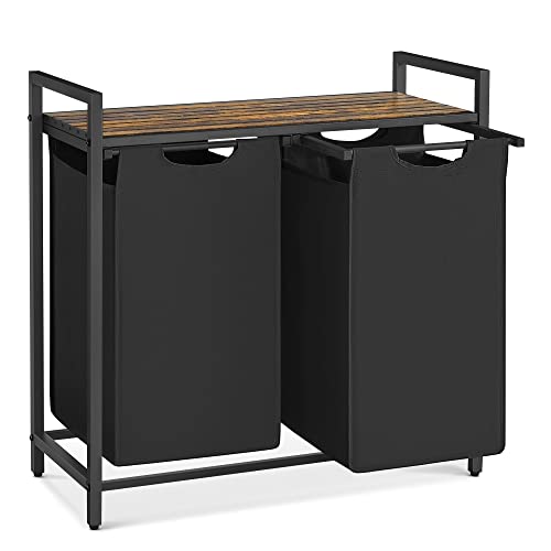VASAGLE Laundry Hamper, Laundry Basket, Laundry Sorter with 2 Pull-Out and Removable Bags, Shelf, Metal Frame, 2 x 12.1 Gallons (46L), 28.8 x 13 x 28.4 Inches, Rustic Brown and Black UBLH201B01 - 2 Bags (28.8"L x 13"W x 28.4"H) - Black + Rustic Brown