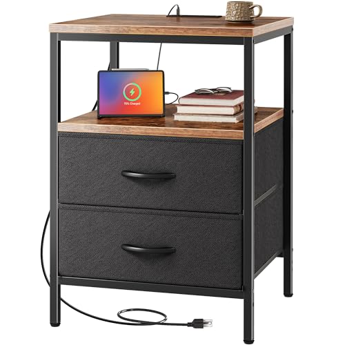 Huuger Nightstand with Charging Station, Side Table with Fabric Drawers, End Table with Open Shelf, Bedside Table with USB Ports and Outlets, Night Stand for Bedroom, Rustic Brown and Black - M(11.8"D x 15.7"W x 23.6"H) - Rustic Brown and Black - 1