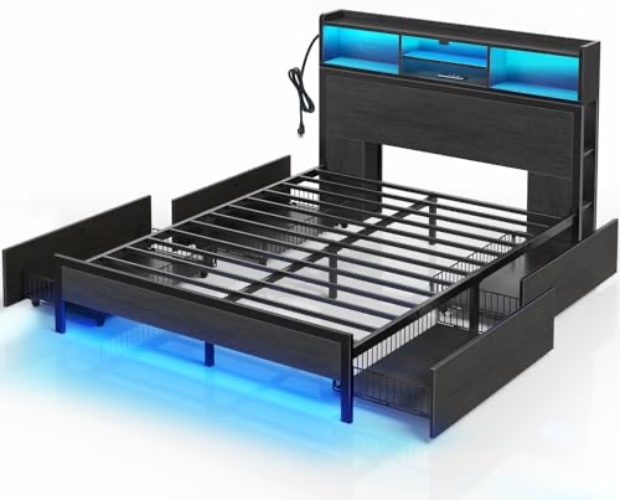 Rolanstar Queen Bed Frame with Storage Headboard, Metal Platform Charging Station, LED 4 Drawers, Bookcase Storage, No Box Spring Needed, Easy Assembly, Noise-Free, Black - Queen
